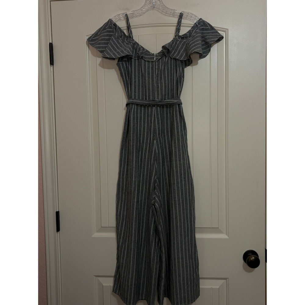 Umgee Grey Striped Off Shoulder Wide Leg Jumpsuit S Pocket Belted Ruffle Coastal - Picture 7 of 12